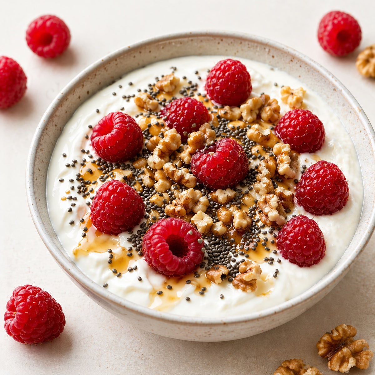 Bowl fromage blanc, framboises, chia et noix