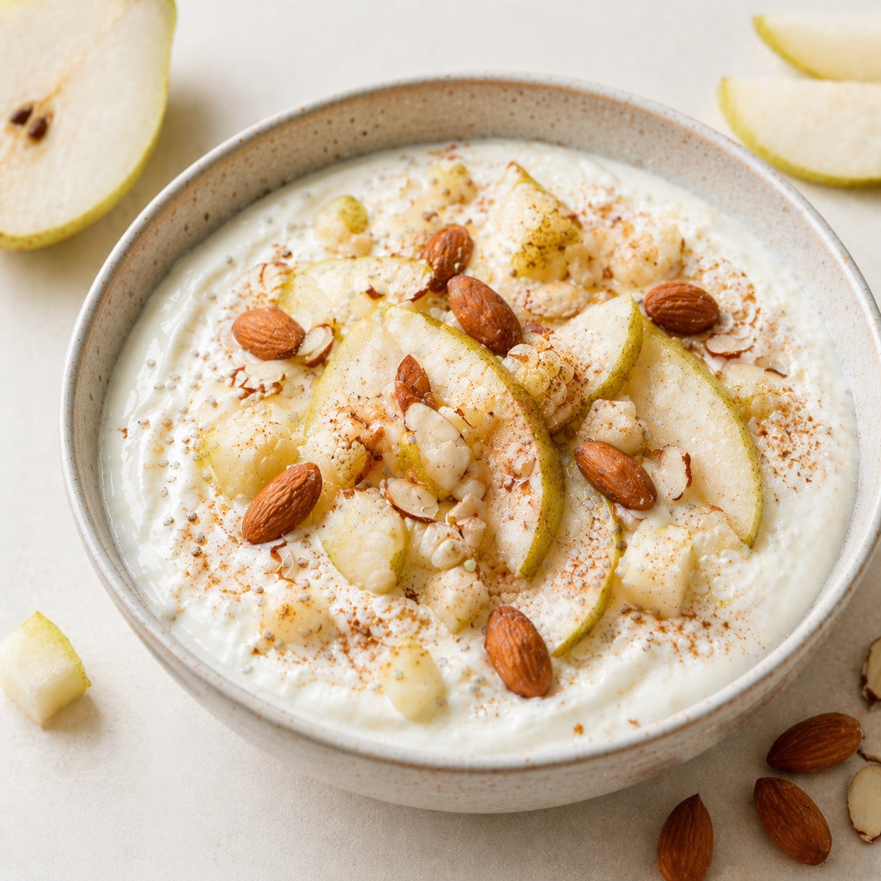 Yaourt grec, poire, cannelle et amandes