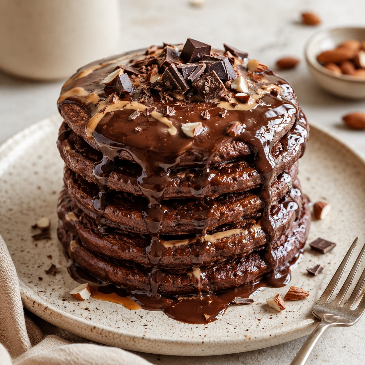 Pancakes protéinés au cacao, chocolat fondant