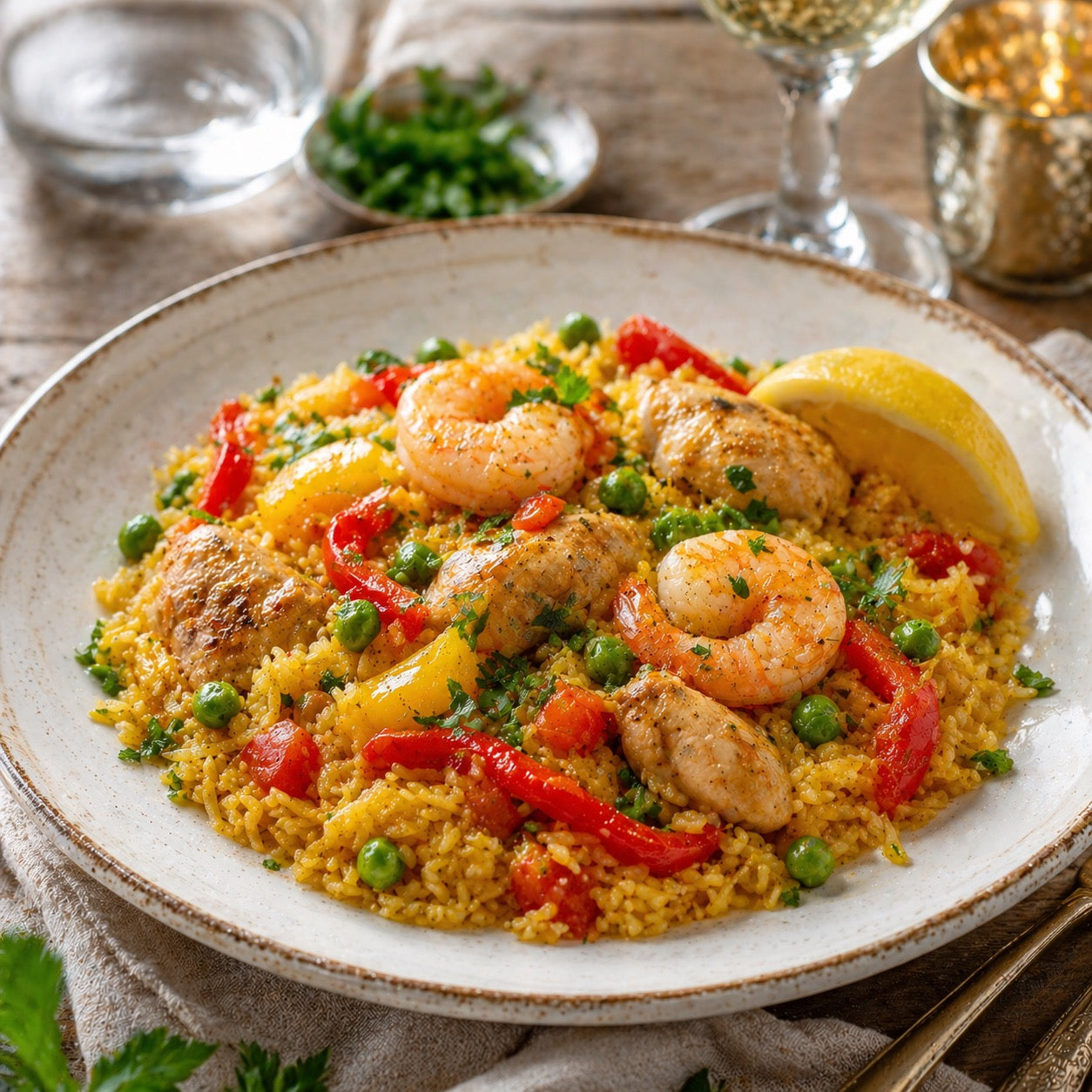 Paella légère au poulet et crevettes