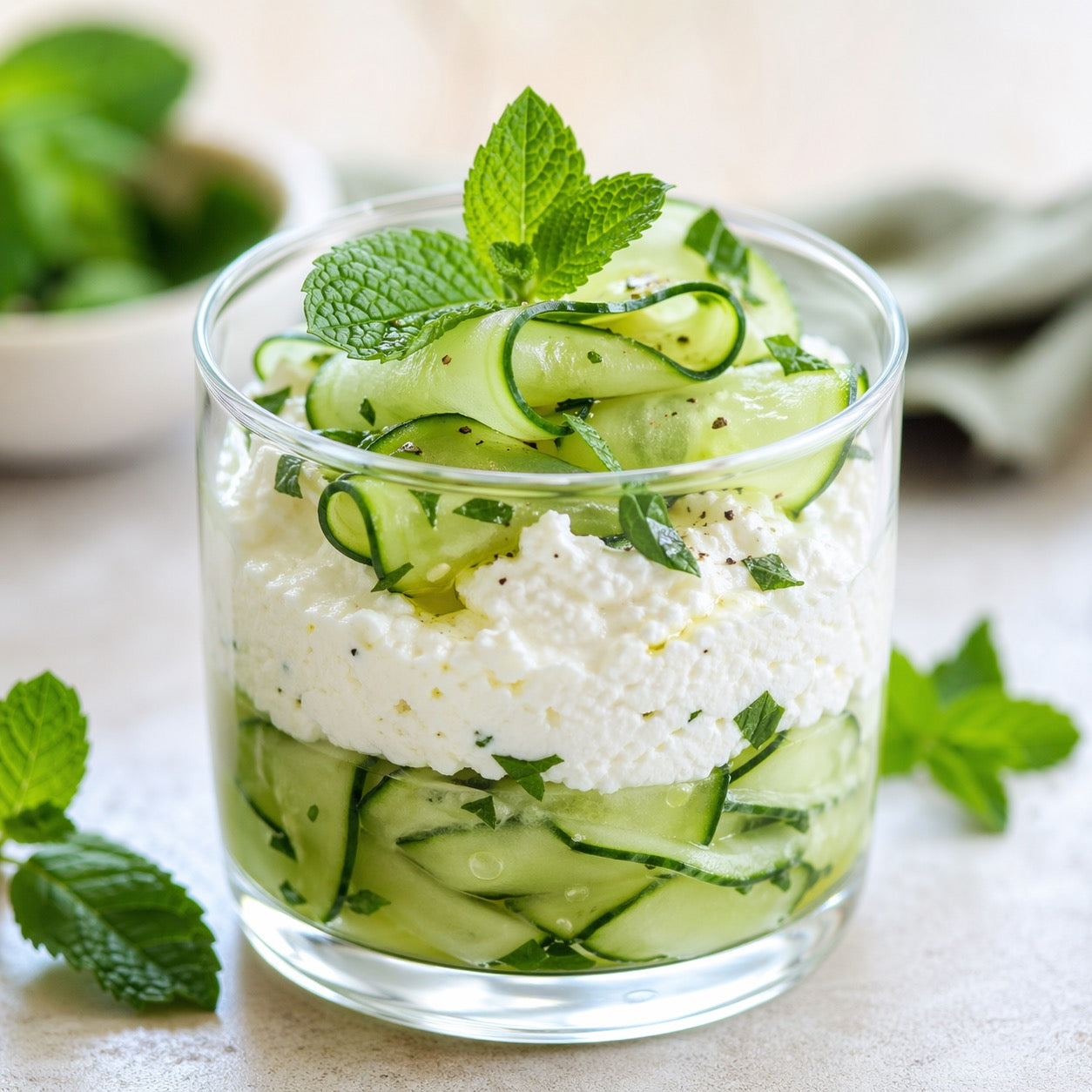 Verrines de concombre, ricotta et menthe