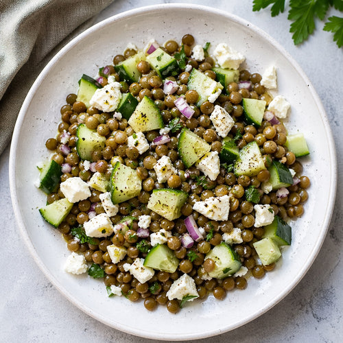 Salade de lentilles vertes, feta et concombre