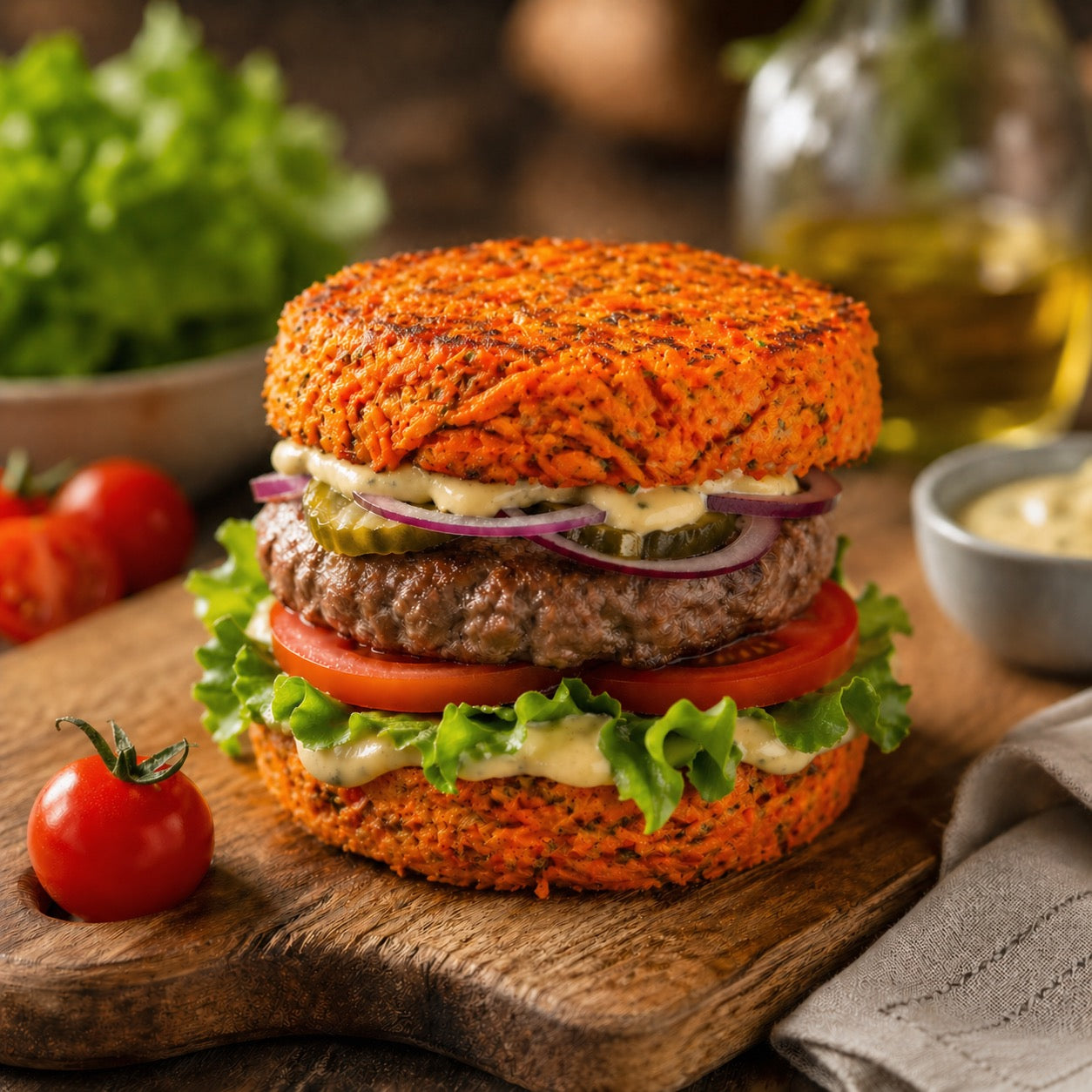 Burger healthy au pain de carotte, steak 5 % et sauce maison