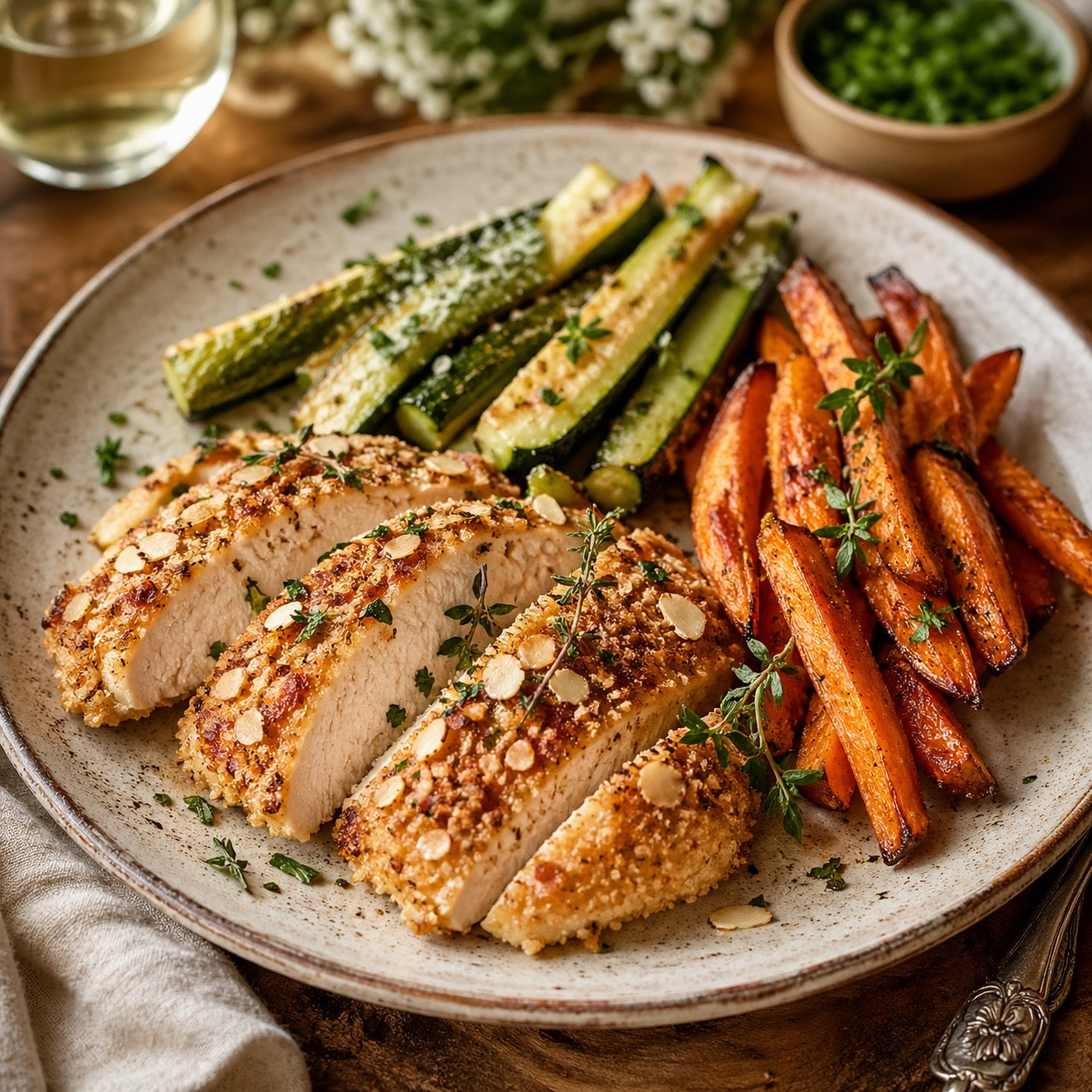 Assiette croustillante et fondante poulet, courgette et patate douce 
