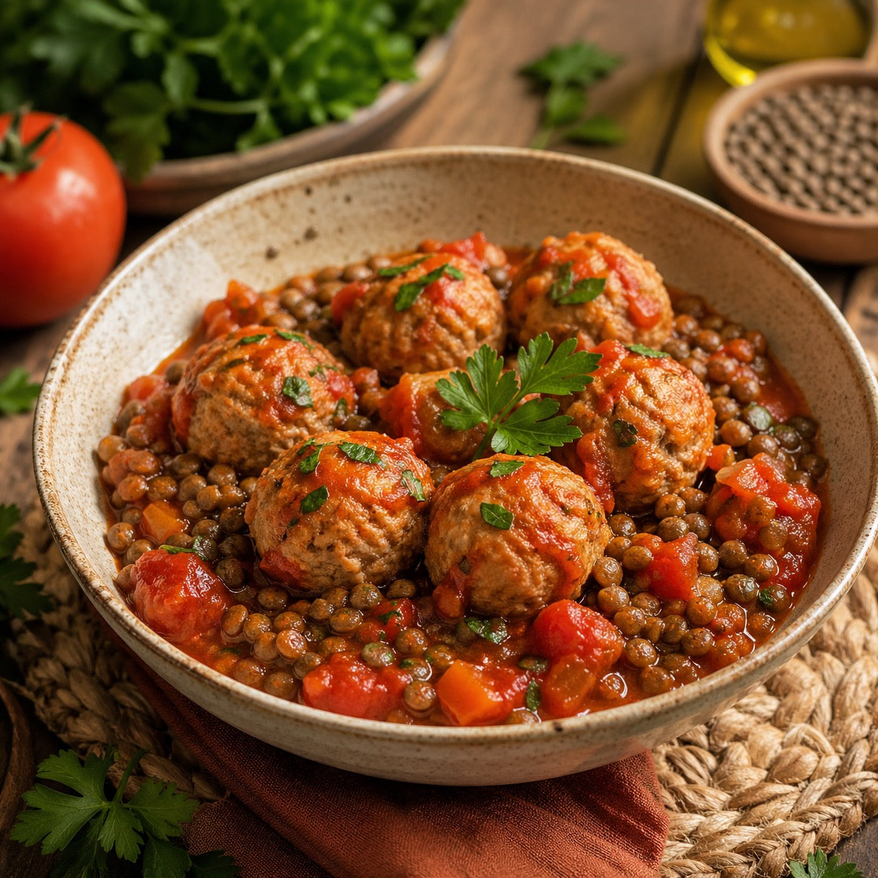 Boulettes de dinde tomate lentilles