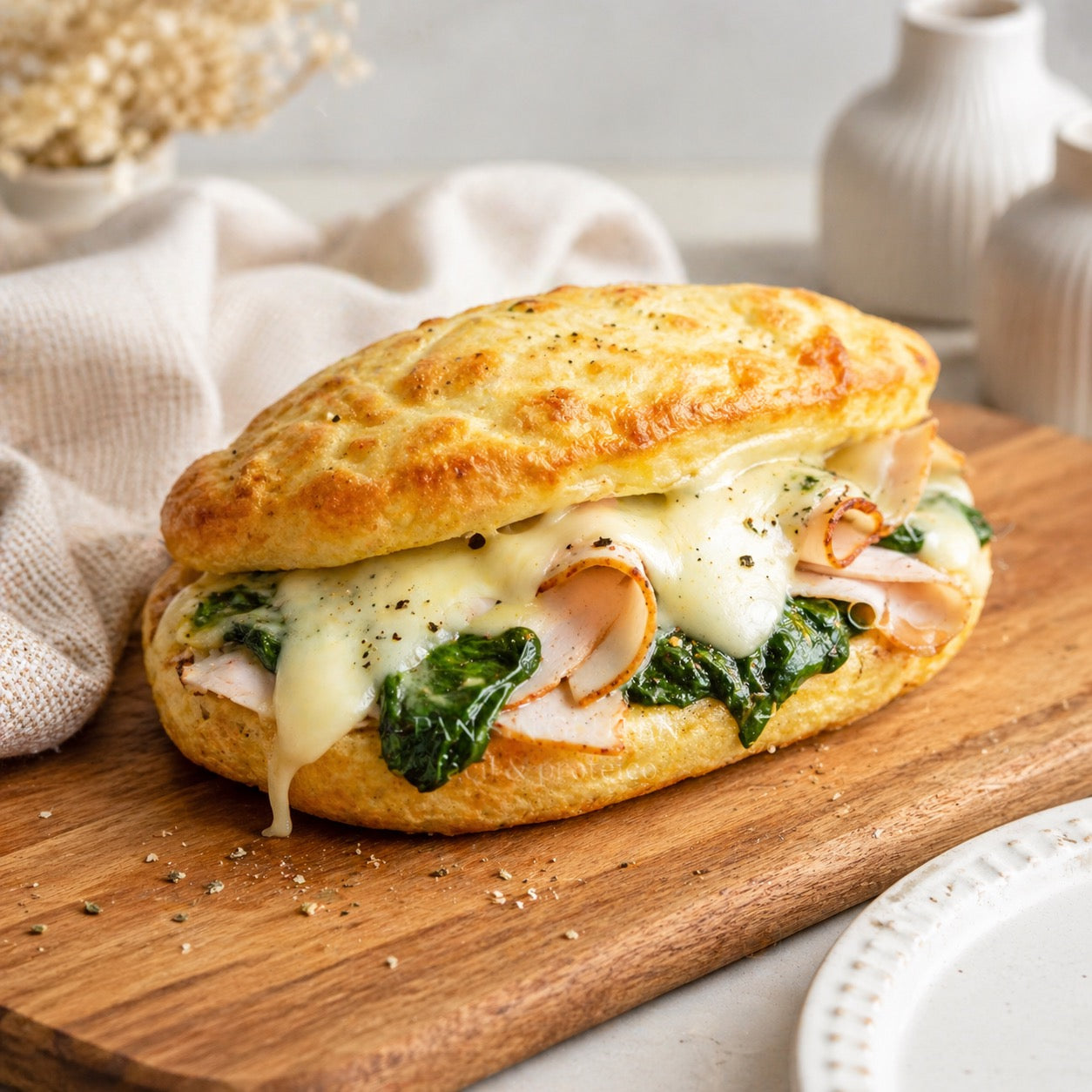 Pain protéiné sans gluten garni fromage, dinde et épinards