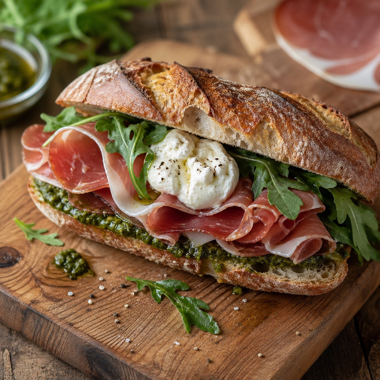 Sandwich idéal pesto roquette burrata jambon des Pyrénées