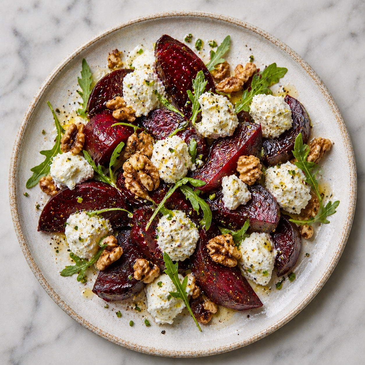 Carpaccio de betteraves, chèvre frais & noix