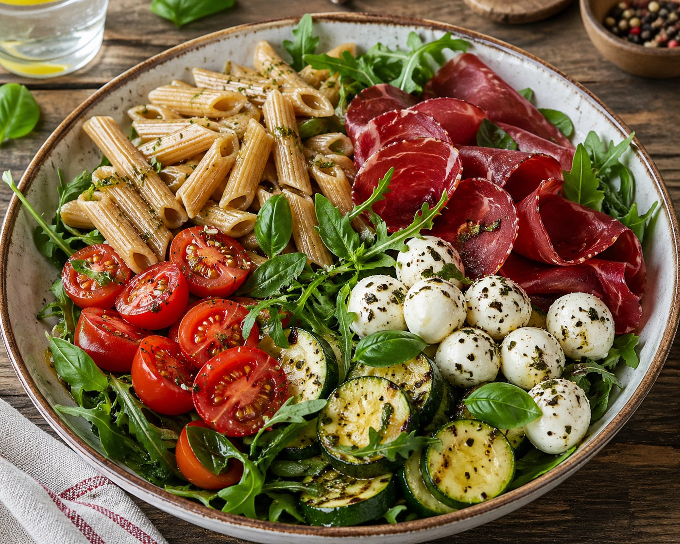 Assiette Dolce Vita aux pâtes complètes, bresaola, mozzarella et légumes grillés