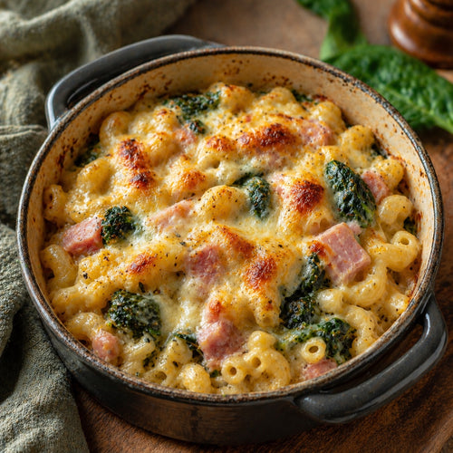 Cocotte gratinée coquillettes, jambon et épinards