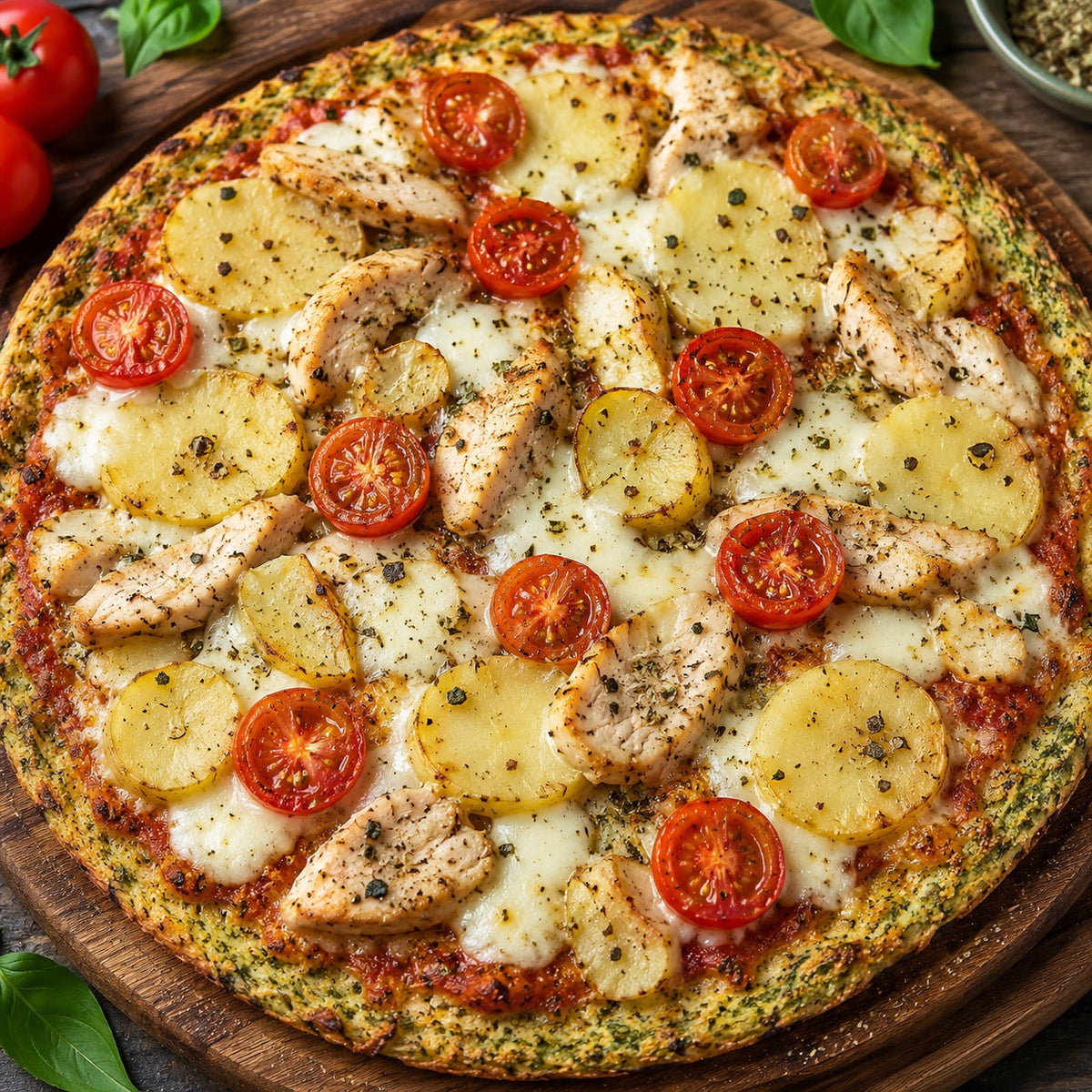 Pizza base brocoli, poulet, mozzarella et pommes de terre