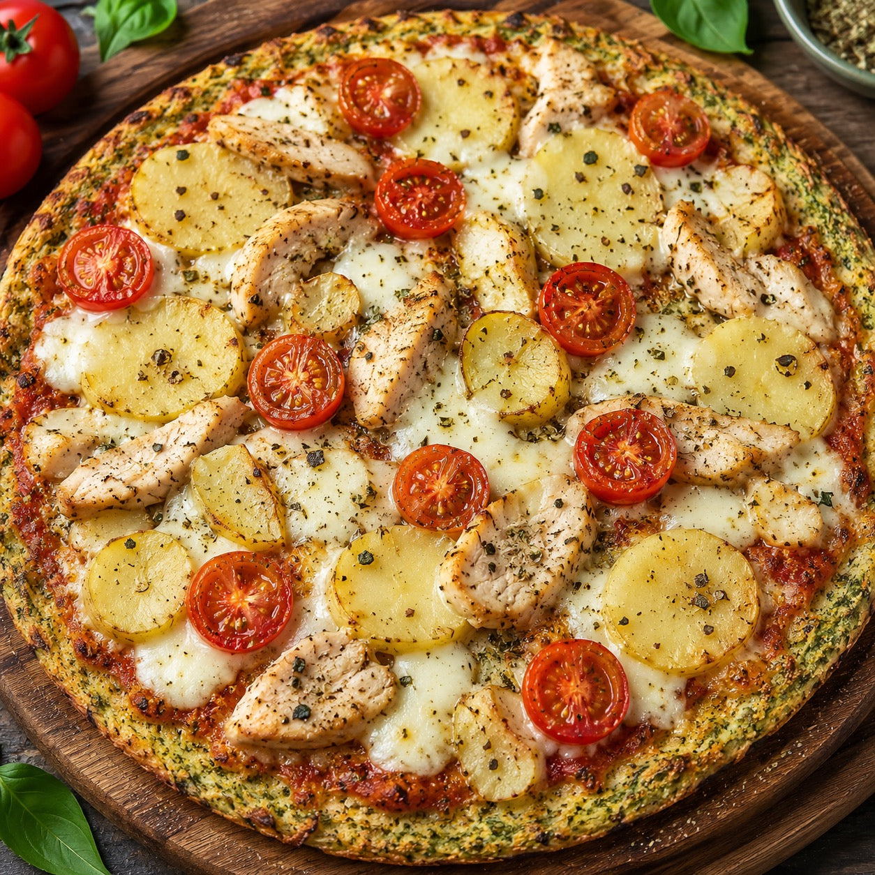 Pizza légère base brocoli, poulet, mozzarella et pommes de terre