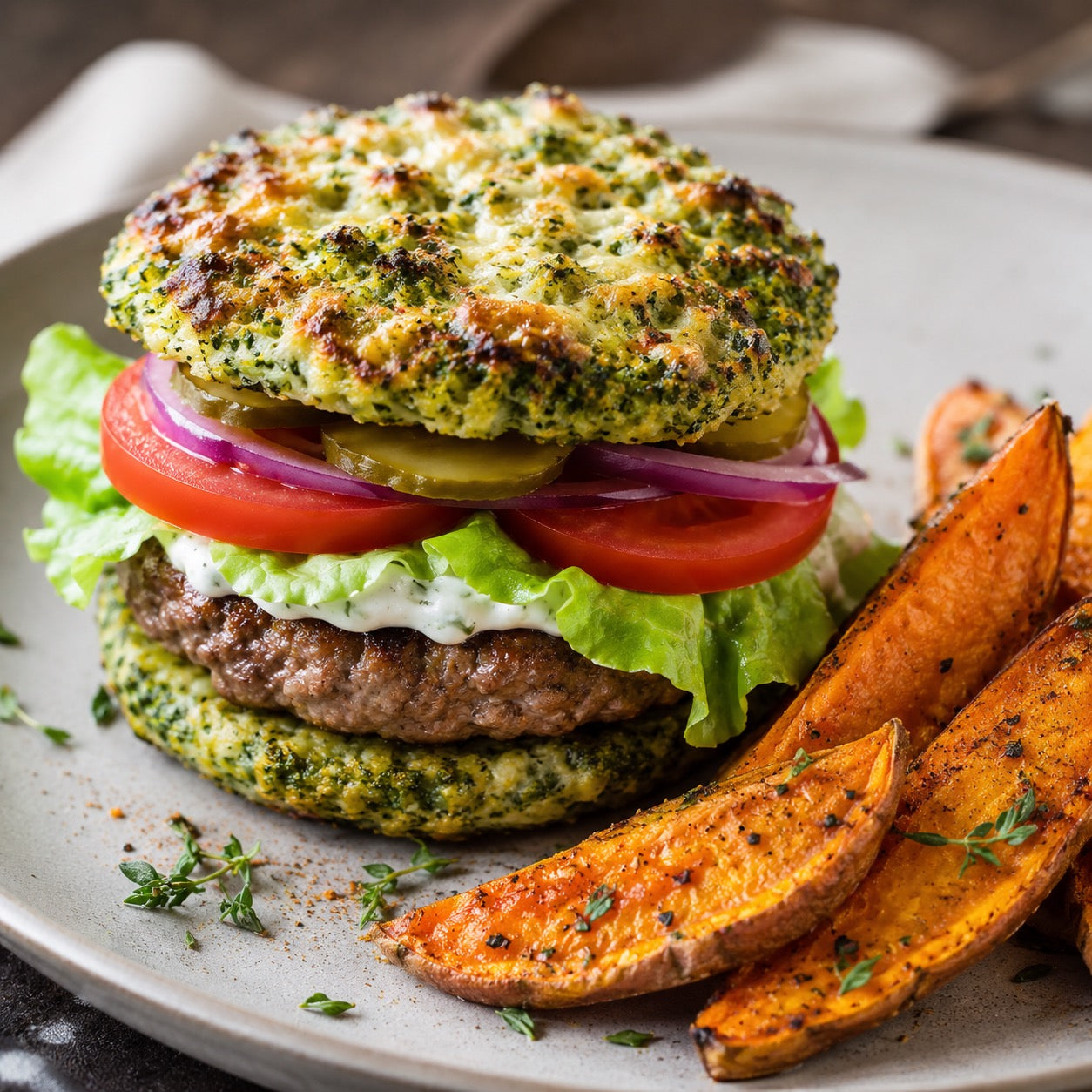 Burger léger au brocoli, steak haché et patates douces rôties