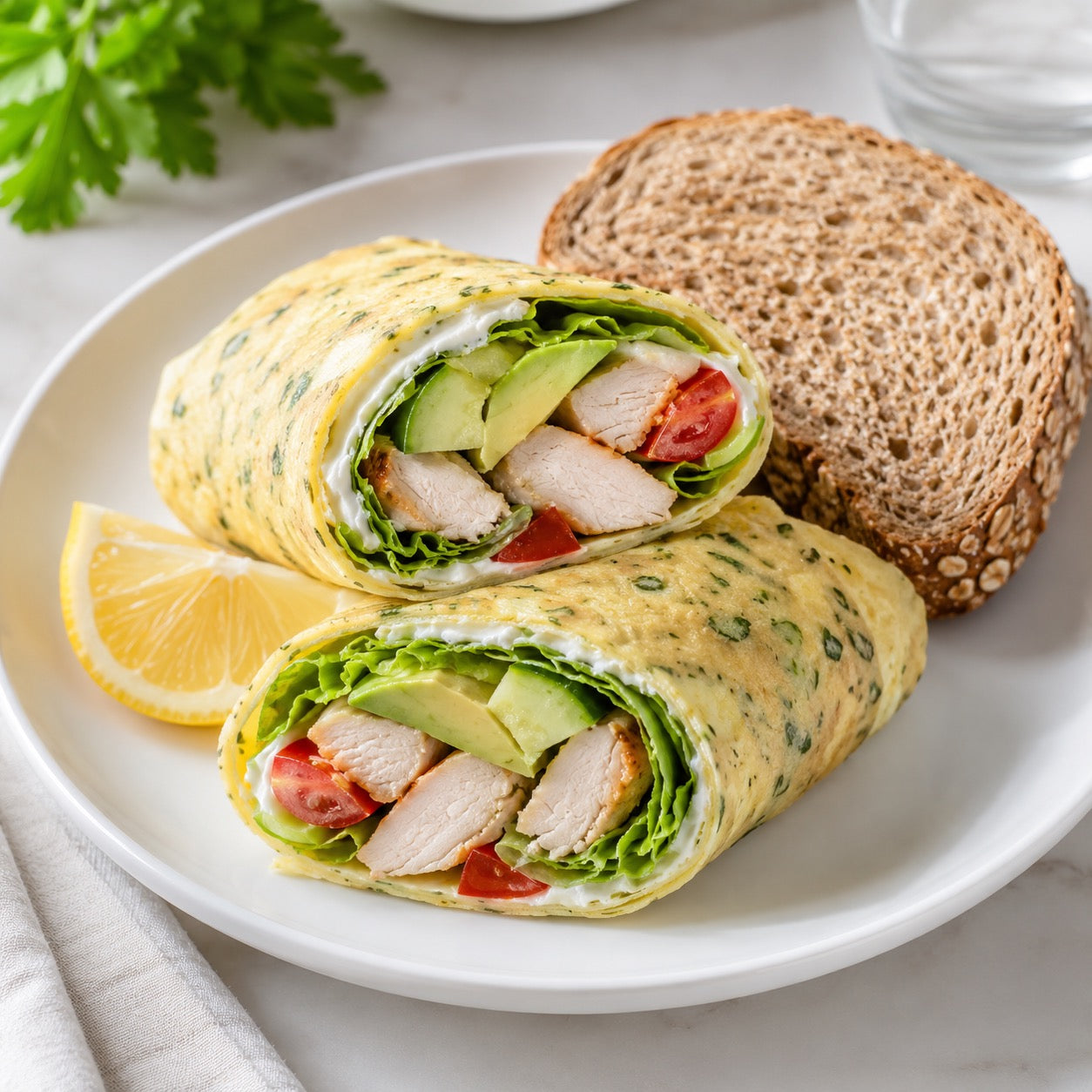 Wrap omelette poulet, avocat et pain complet