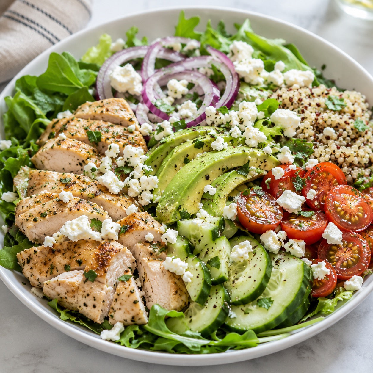 Salade fraîche poulet, avocat, quinoa et feta