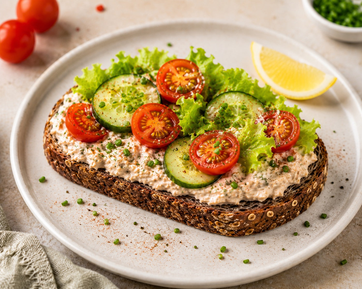 Tartine fraîche au pain complet, thon, fromage frais et crudités