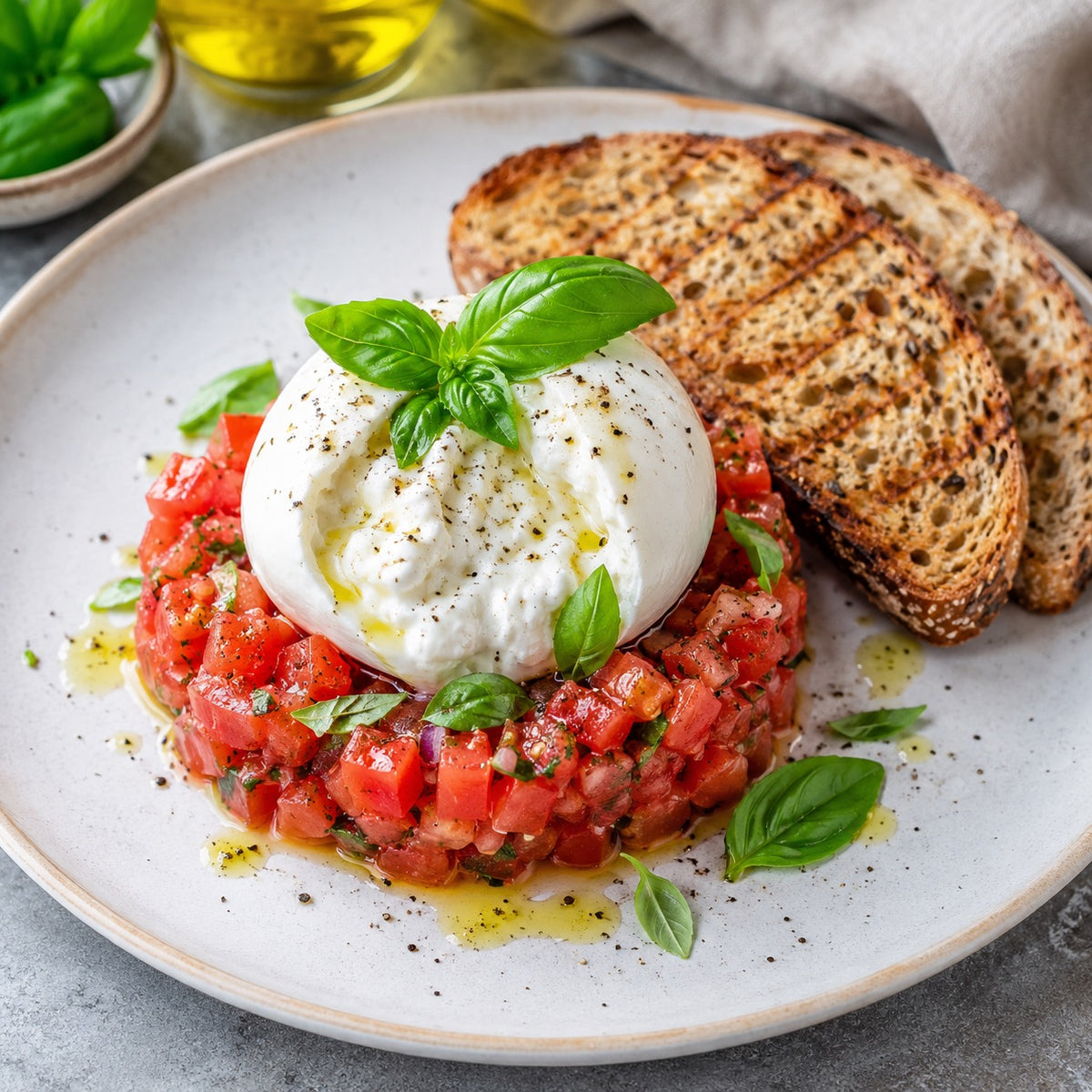 Tartare de tomate, burrata, basilic et pain complet grillé