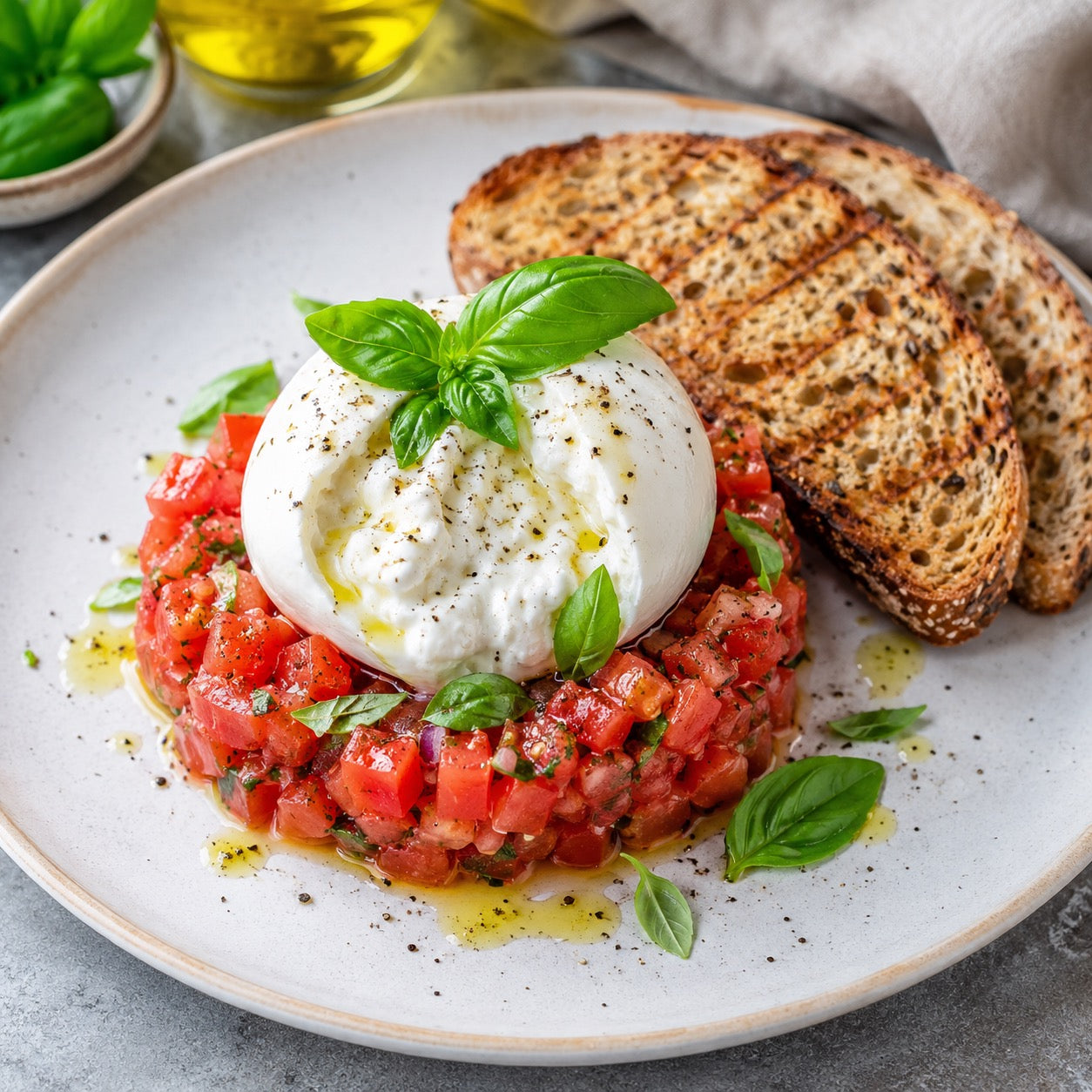 Tartare de tomate, burrata, basilic et pain complet grillé