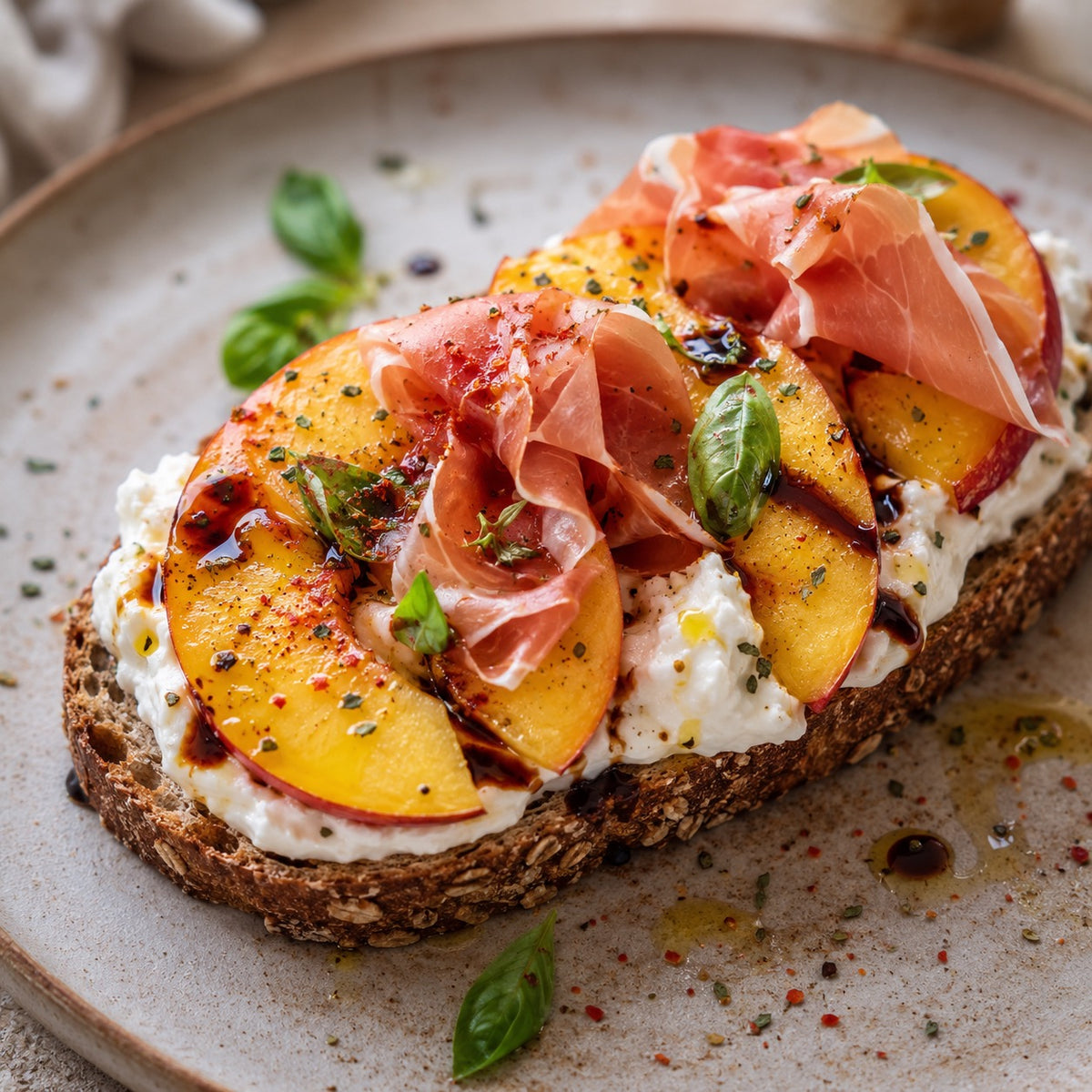 Tartine pêche, stracciatella et jambon de pays