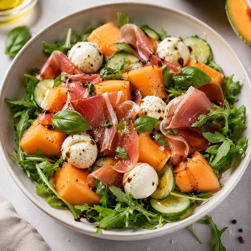 Salade fraîche melon, jambon cru, mozzarella et concombre