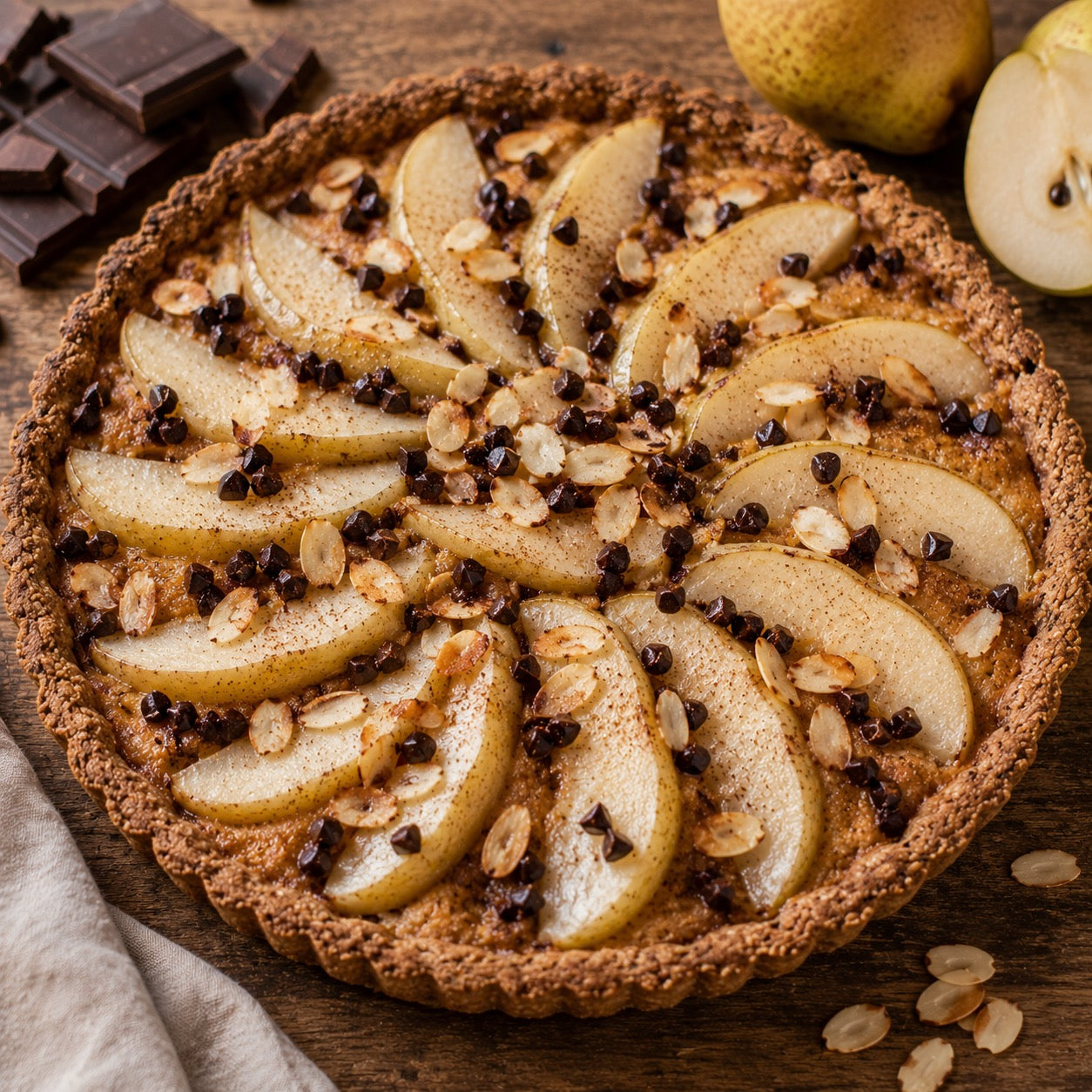 Tarte poire-amande aux pépites de chocolat noir