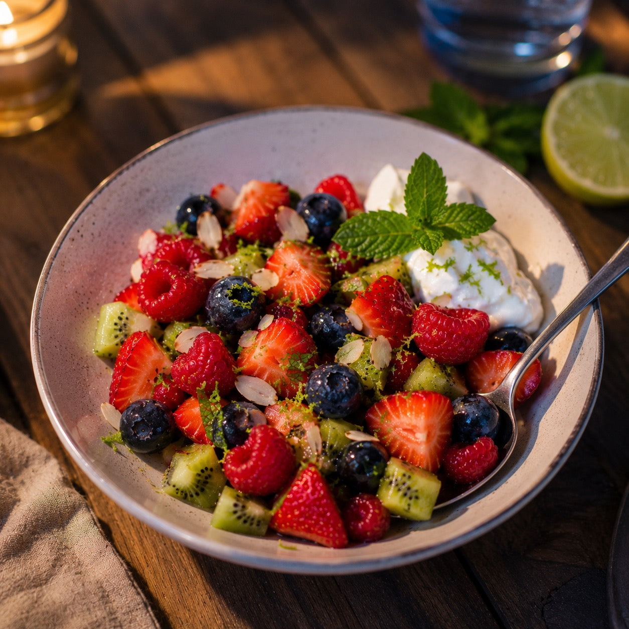 Salade de fruits rouges, kiwi, citron vert et menthe