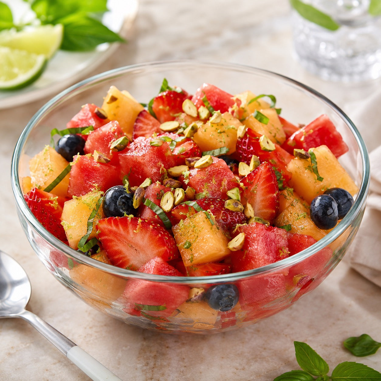 Salade melon, fraise, pastèque et basilic
