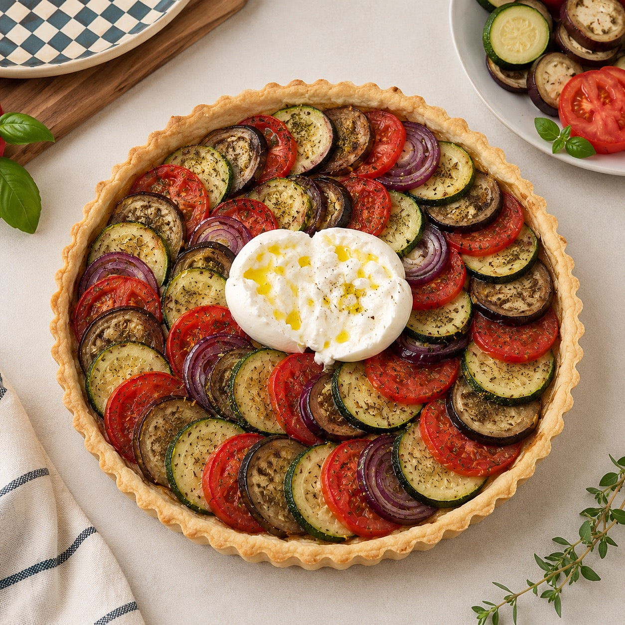 Tarte fine courgette, tomate et burrata