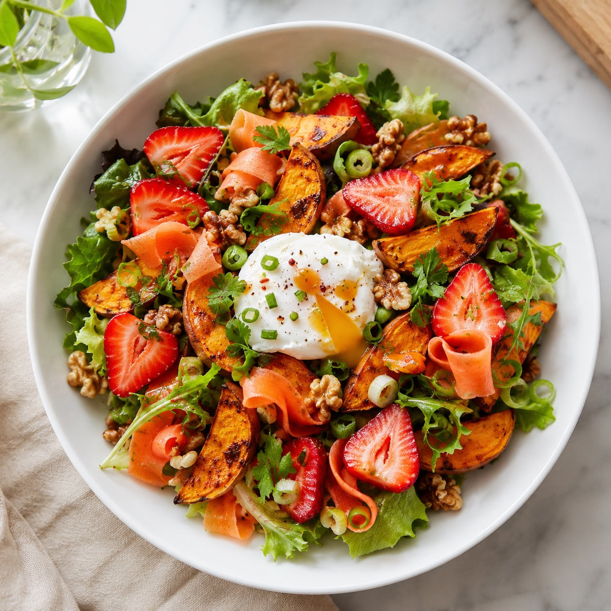 Salade patate douce, fraises et œuf poché