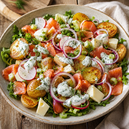 Salade de pommes de terre rôties, truite fumée et sauce fromage blanc
