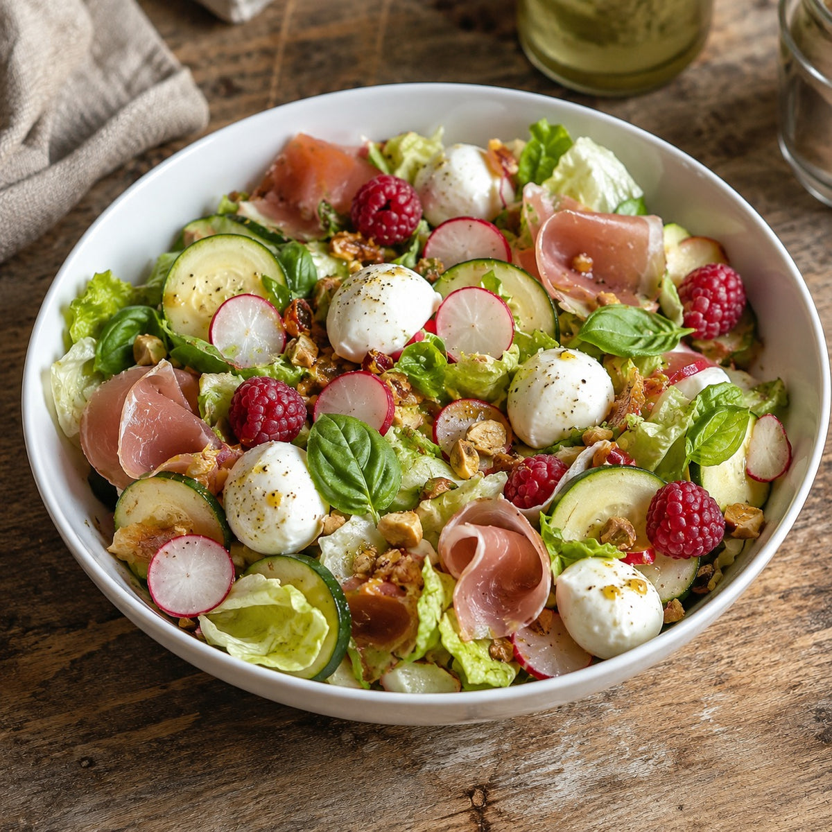 Salade de pâtes d’épeautre, mozzarella et jambon de pays