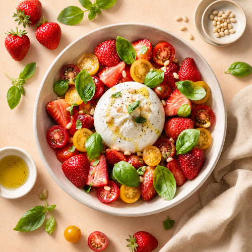 Salade fraise, tomate cerise et burrata