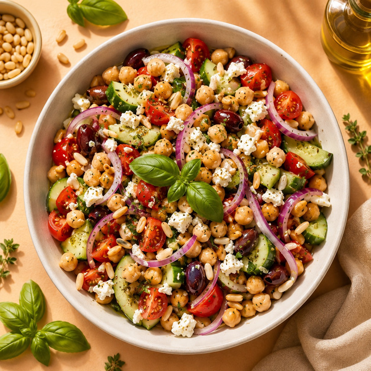 Salade pois chiches, concombre, feta et piquillos