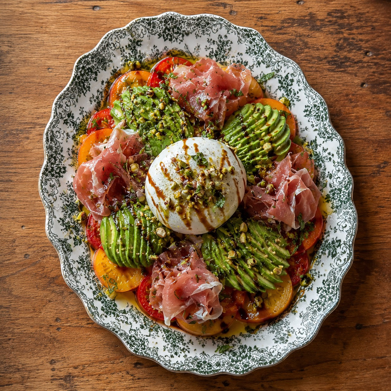 Salade tomate, pêche, avocat, burrata et jambon cru