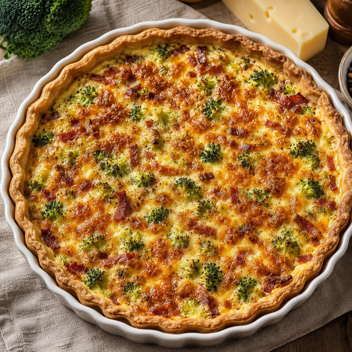 Quiche brocoli, bacon fumé et emmental