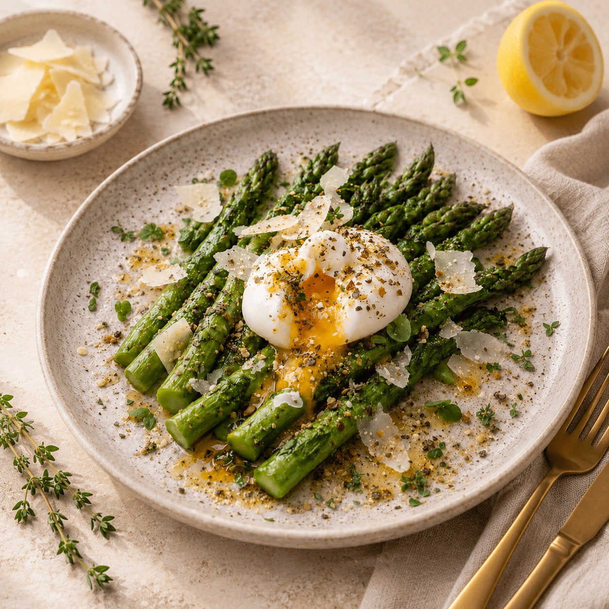 Asperges tièdes, œuf poché et parmesan