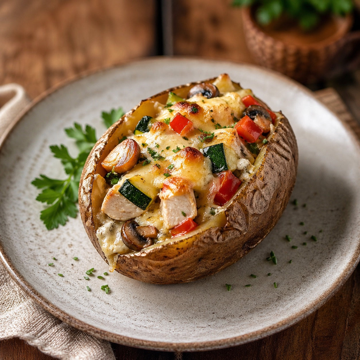 Pommes de terre farcies au poulet, légumes et fromage frais 