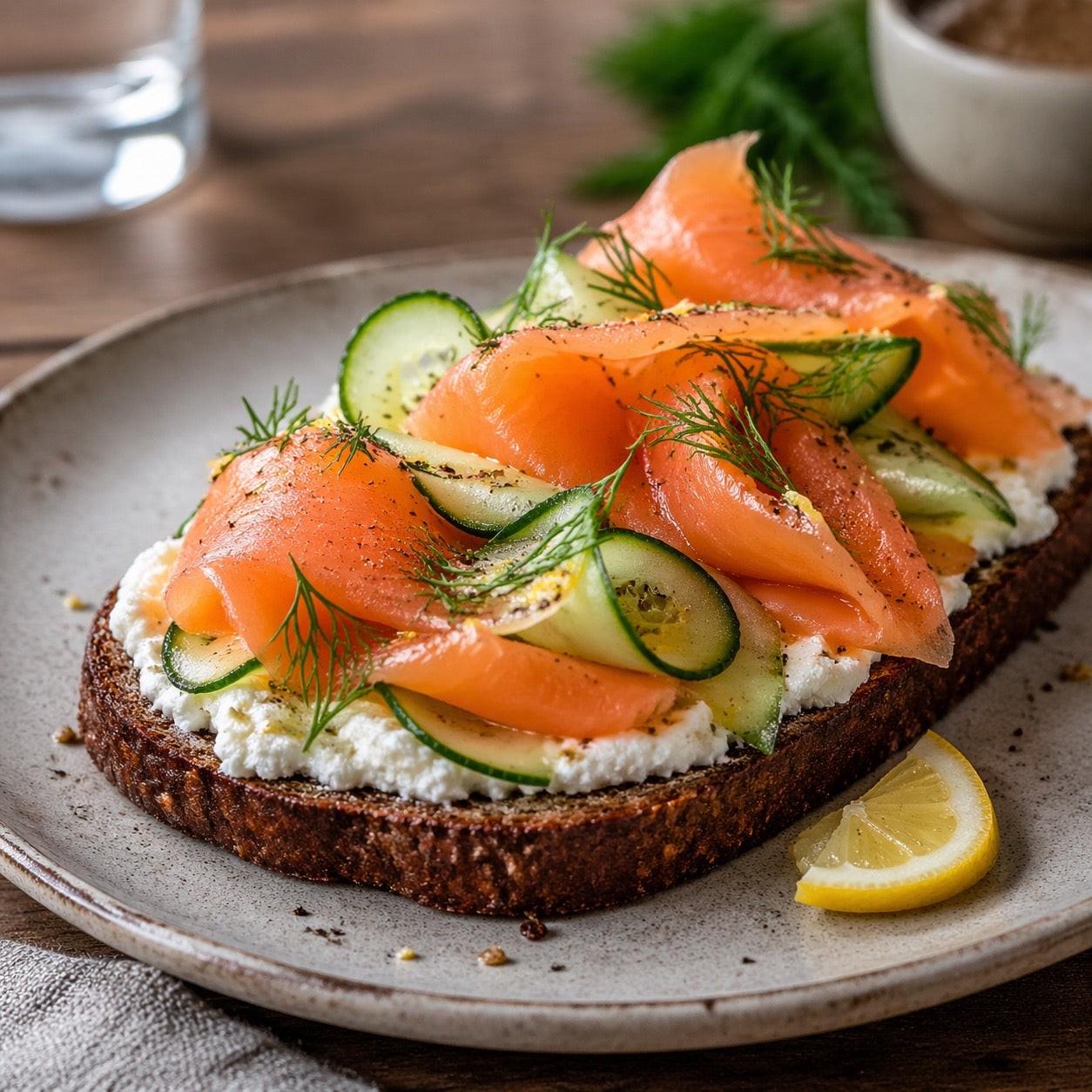 Tartine de seigle ricotta-concombre-saumon