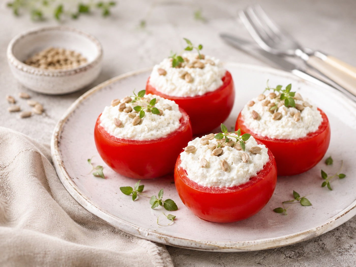 Tomates farcies au fromage frais et graines
