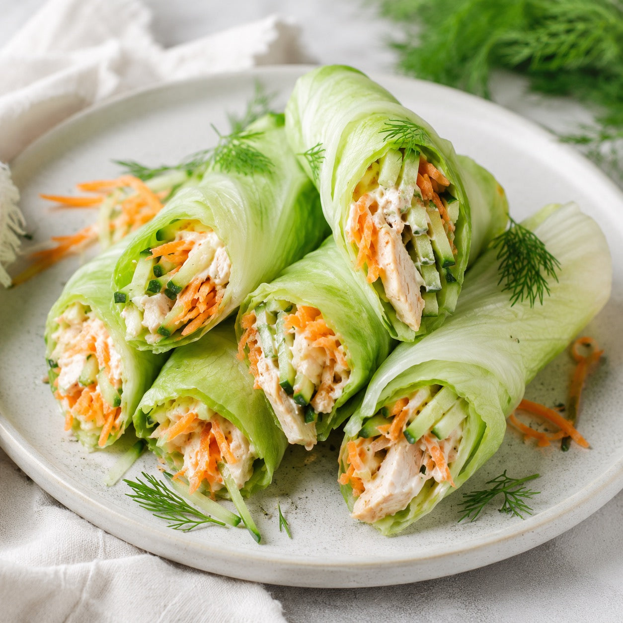 Rouleaux de laitue au poulet et crudités