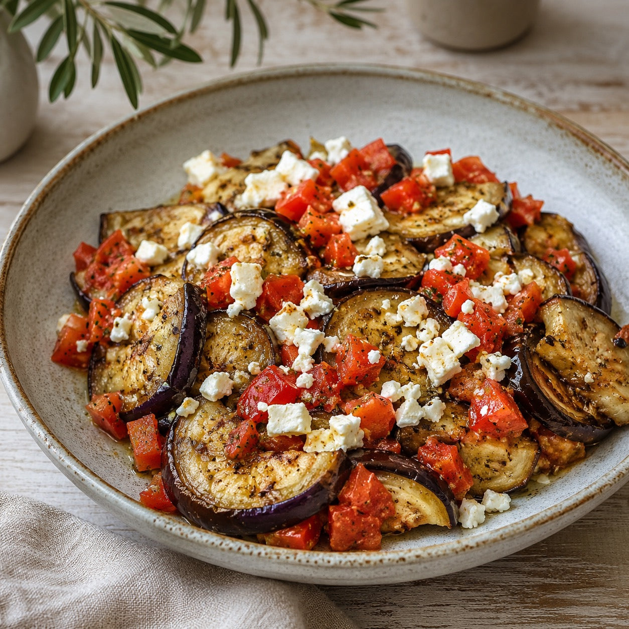 Aubergines poêlées, tomates et feta