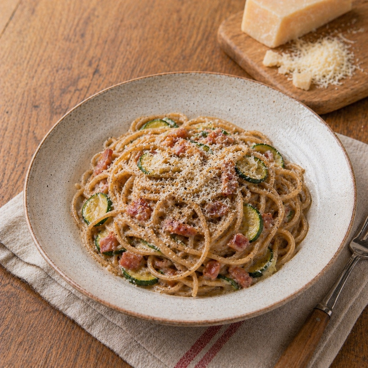 Carbonara revisitée aux pâtes de lentilles