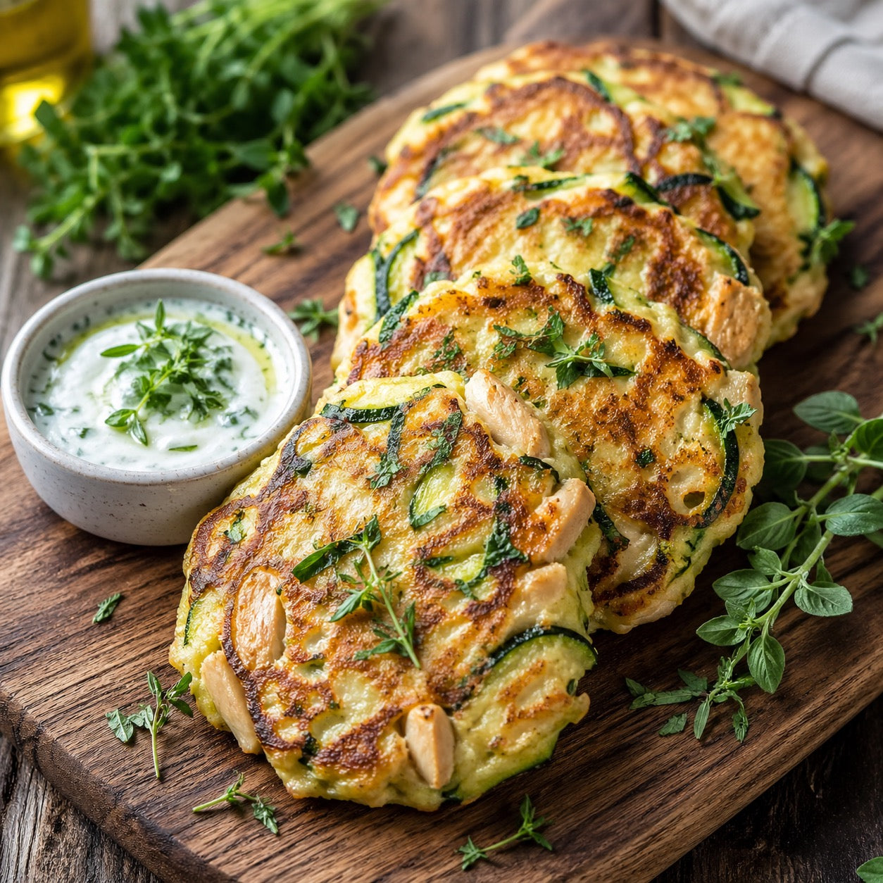 Pancakes salés au poulet, courgette à la farine de pois chiches