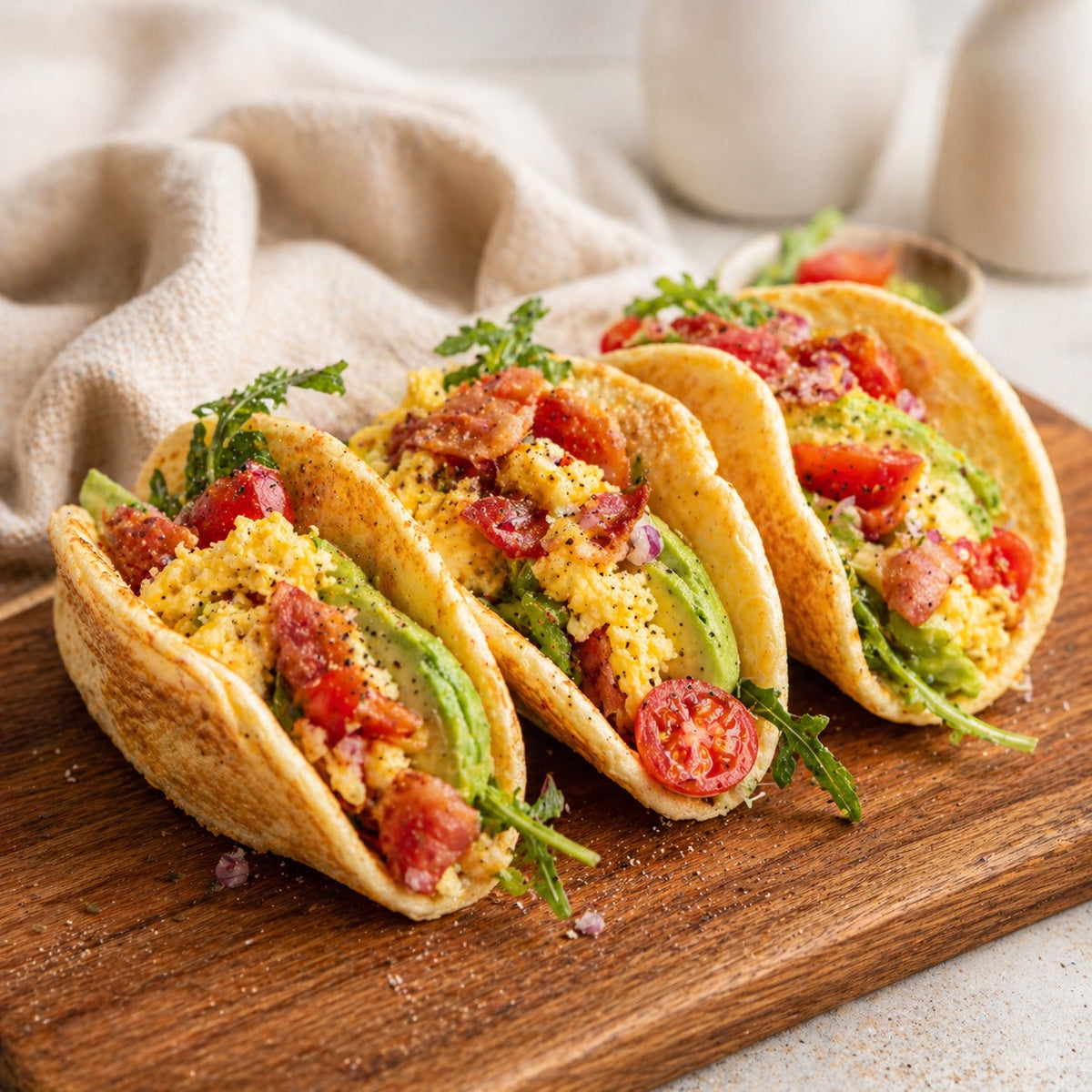Mini pancake tacos avocat, bacon et œufs brouillés