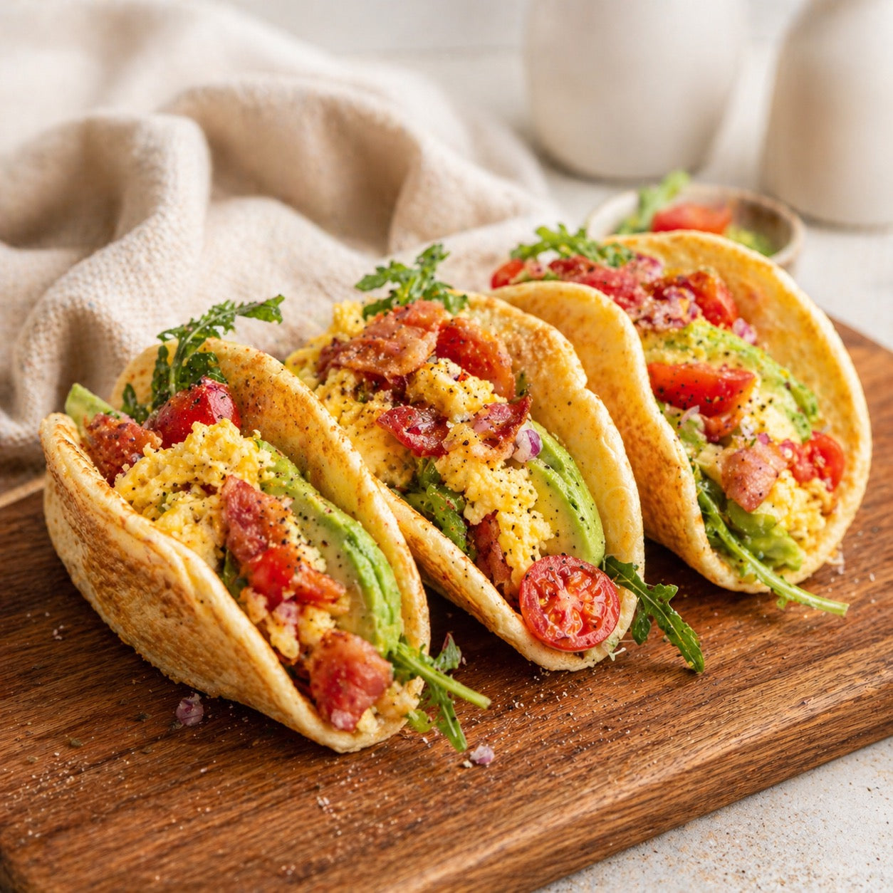 Mini pancake tacos avocat, bacon & œufs brouillés