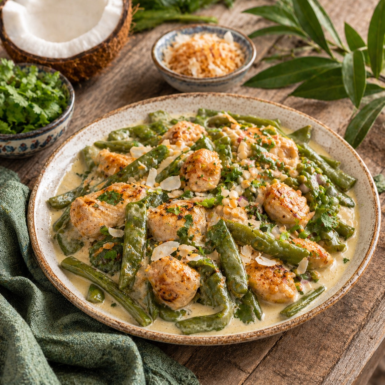 Poulet coco haricots plats