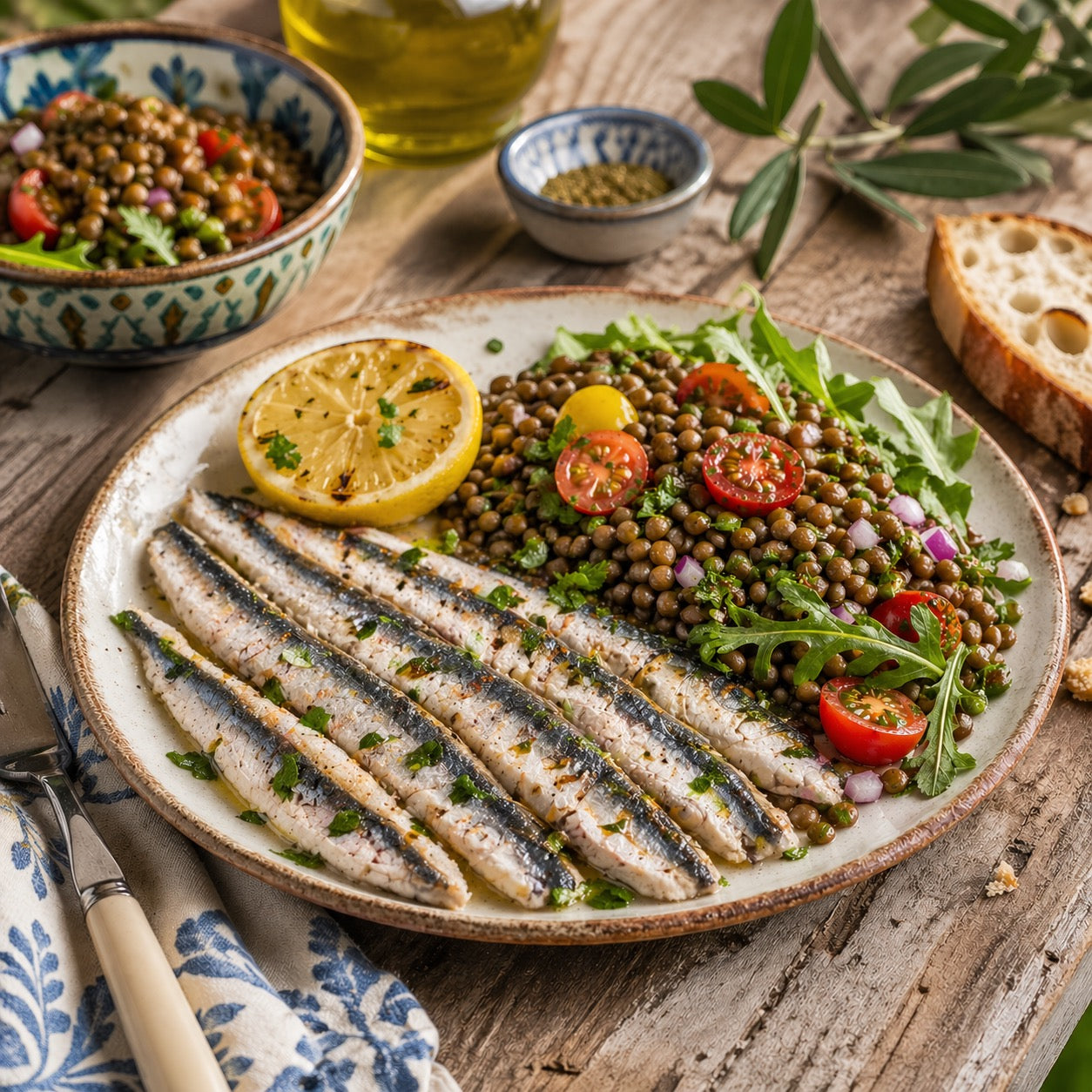 Sardines grillées salade lentilles