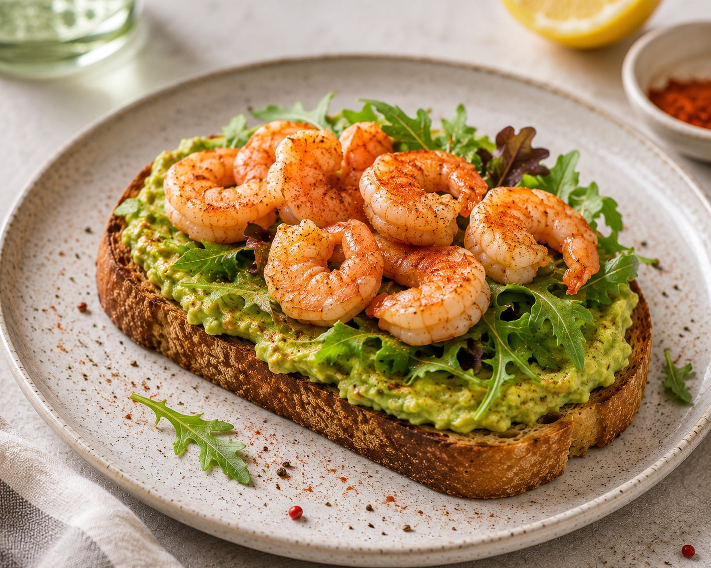 Tartine pain au levain crevettes avocat