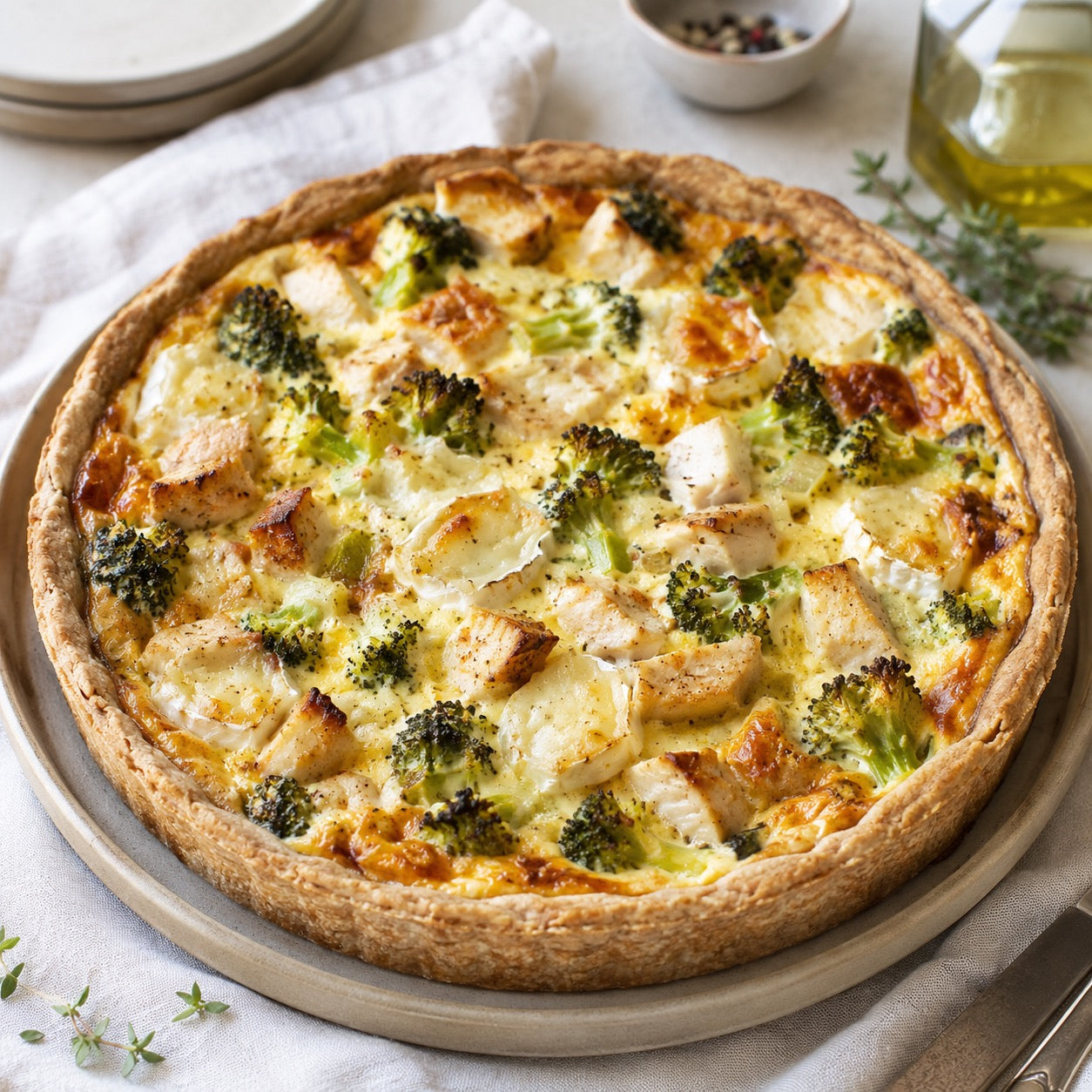 Tarte complète brocoli, poulet et chèvre