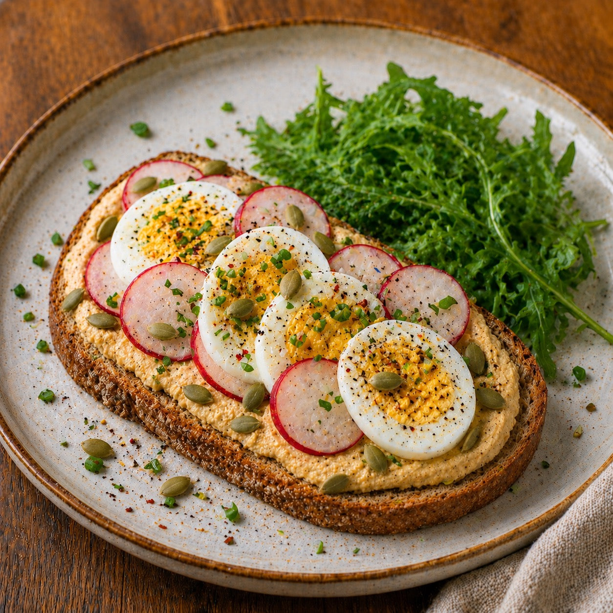 Toast complet houmous, œuf dur et radis